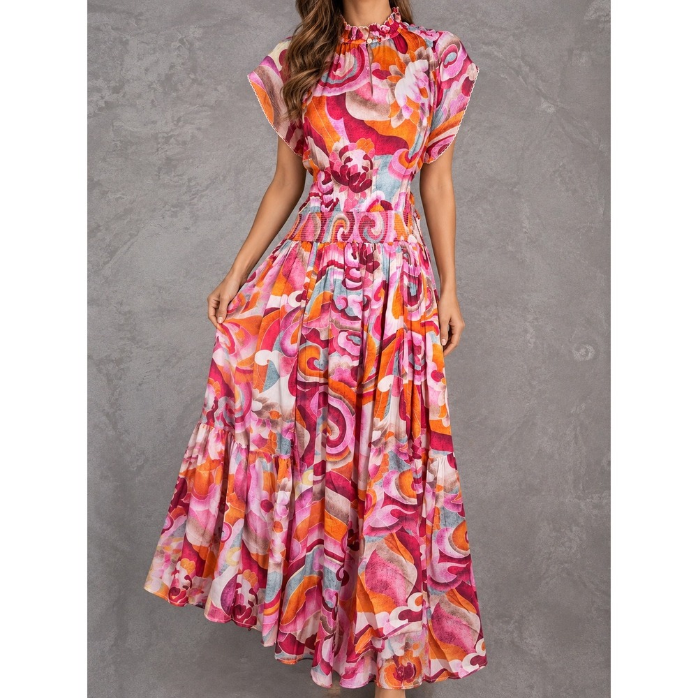Chufy Kathmandu Heights Cairo Maxi Dress Womens Large Pink Orange Abstract Boho